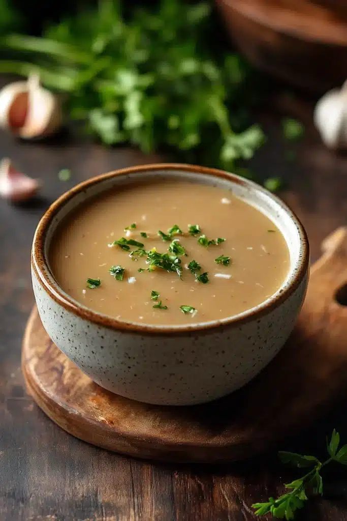 Close-up of low calorie chicken gravy with creamy sauce on a white plate.