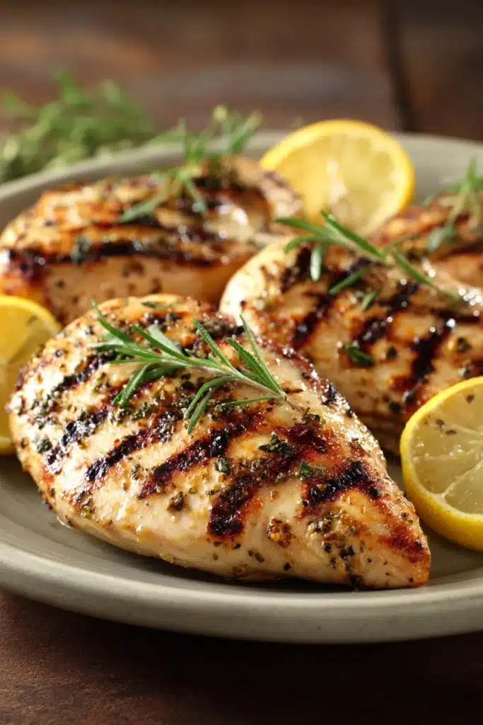 Close-up of a low calorie chicken meal with creamy sauce and herbs