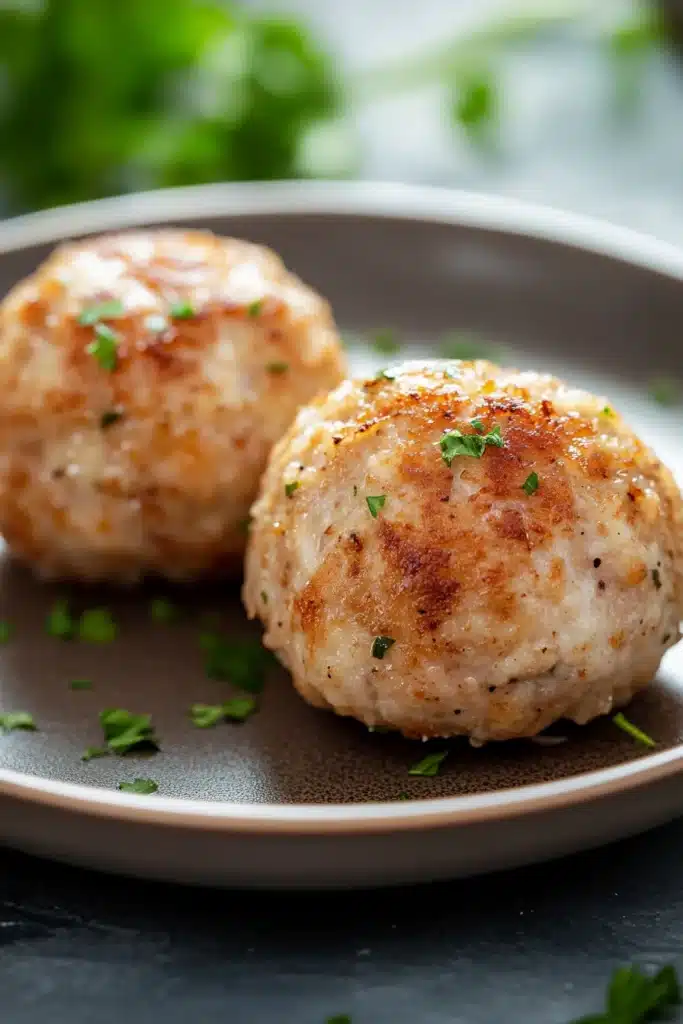 Close-up of low calorie chicken meatballs in creamy sauce with herbs