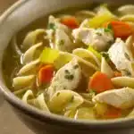 Close-up of a low calorie chicken noodle dish with bright, warm lighting.