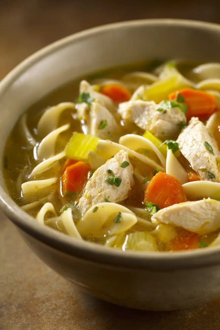 Close-up of a low calorie chicken noodle dish with bright, warm lighting.