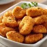 Close-up of low calorie chicken nuggets on a white plate with a clean background