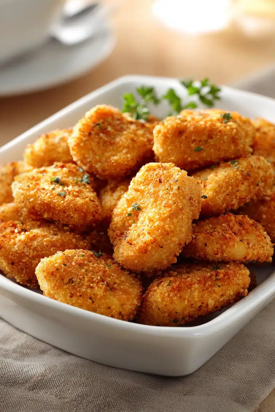 Close-up of low calorie chicken nuggets on a white plate with a clean background