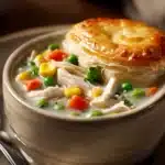 Close-up of a creamy chicken pot pie soup with vegetables in a white bowl