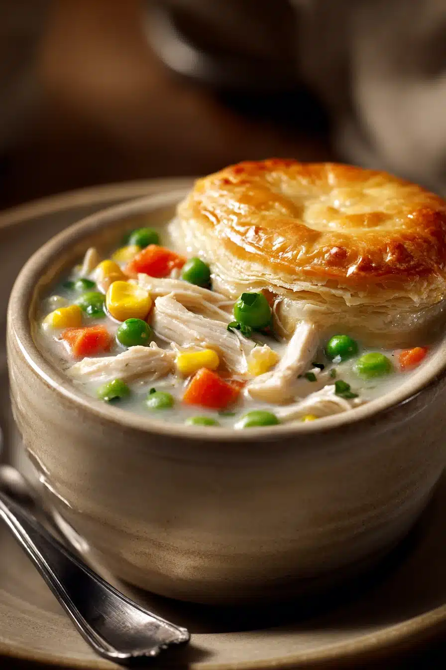 Close-up of a creamy chicken pot pie soup with vegetables in a white bowl