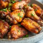 Close-up of golden crispy low calorie chicken wings cooked in an air fryer