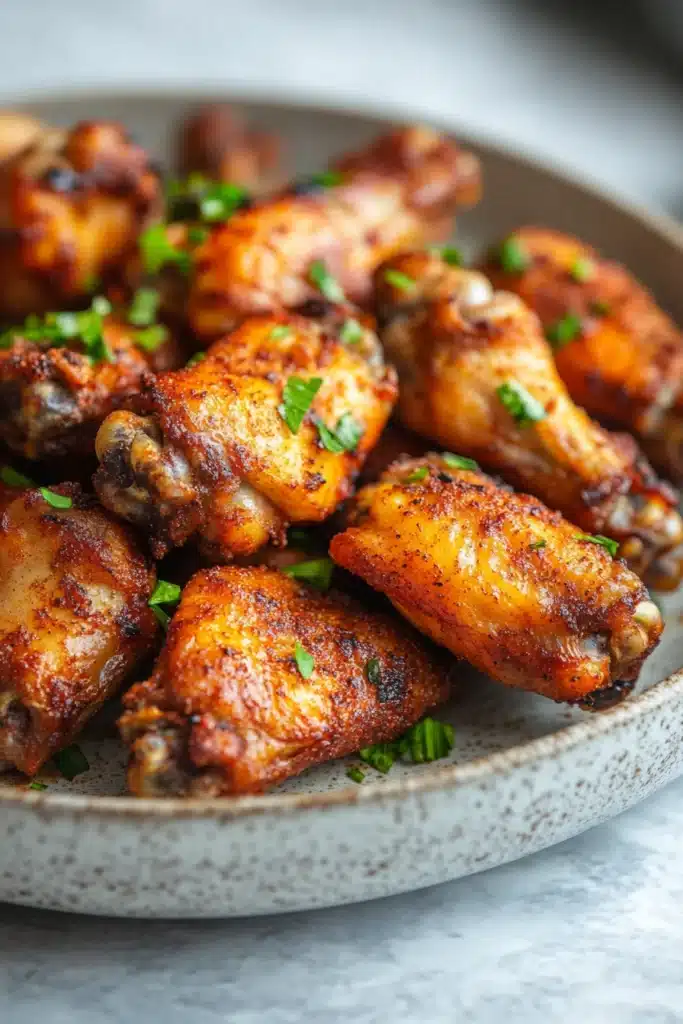 Close-up of golden crispy low calorie chicken wings cooked in an air fryer