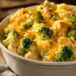 Close-up of a low carb cheesy tuna casserole with melted cheese and herbs