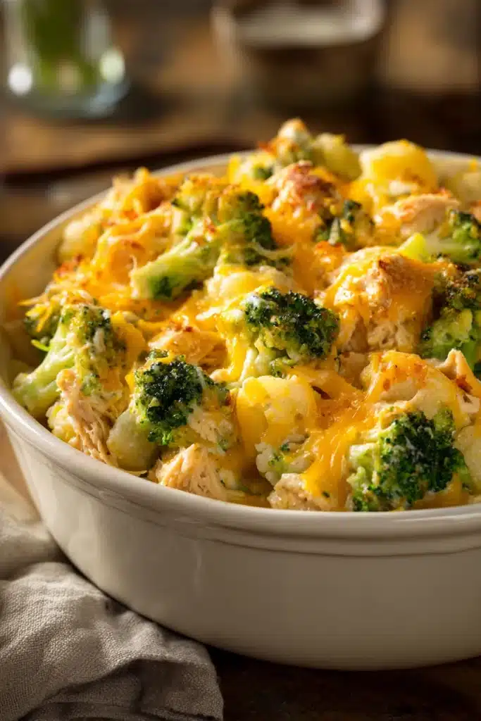 Close-up of a low carb cheesy tuna casserole with melted cheese and herbs