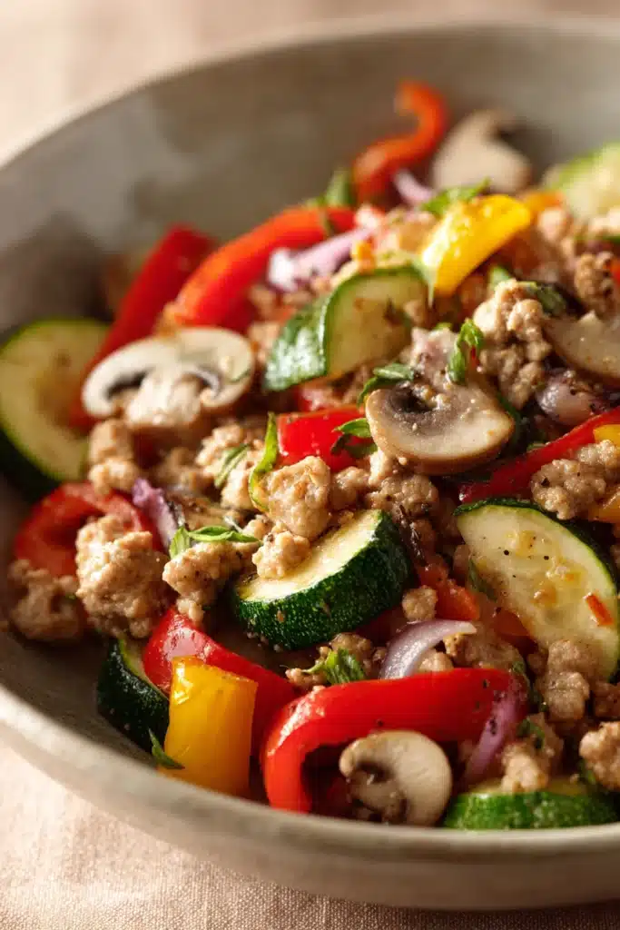 Close-up of a low carb dinner with ground turkey garnished with herbs