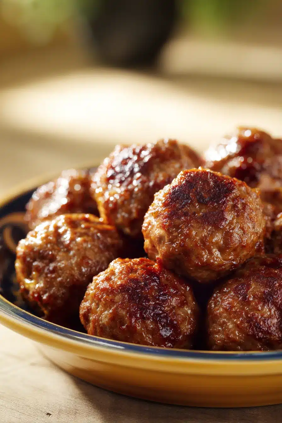 Close-up of Marry Me Meatballs with creamy sauce and herbs on a white plate