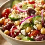 Close-up of a Mediterranean chickpea cucumber salad with fresh vegetables and herbs.