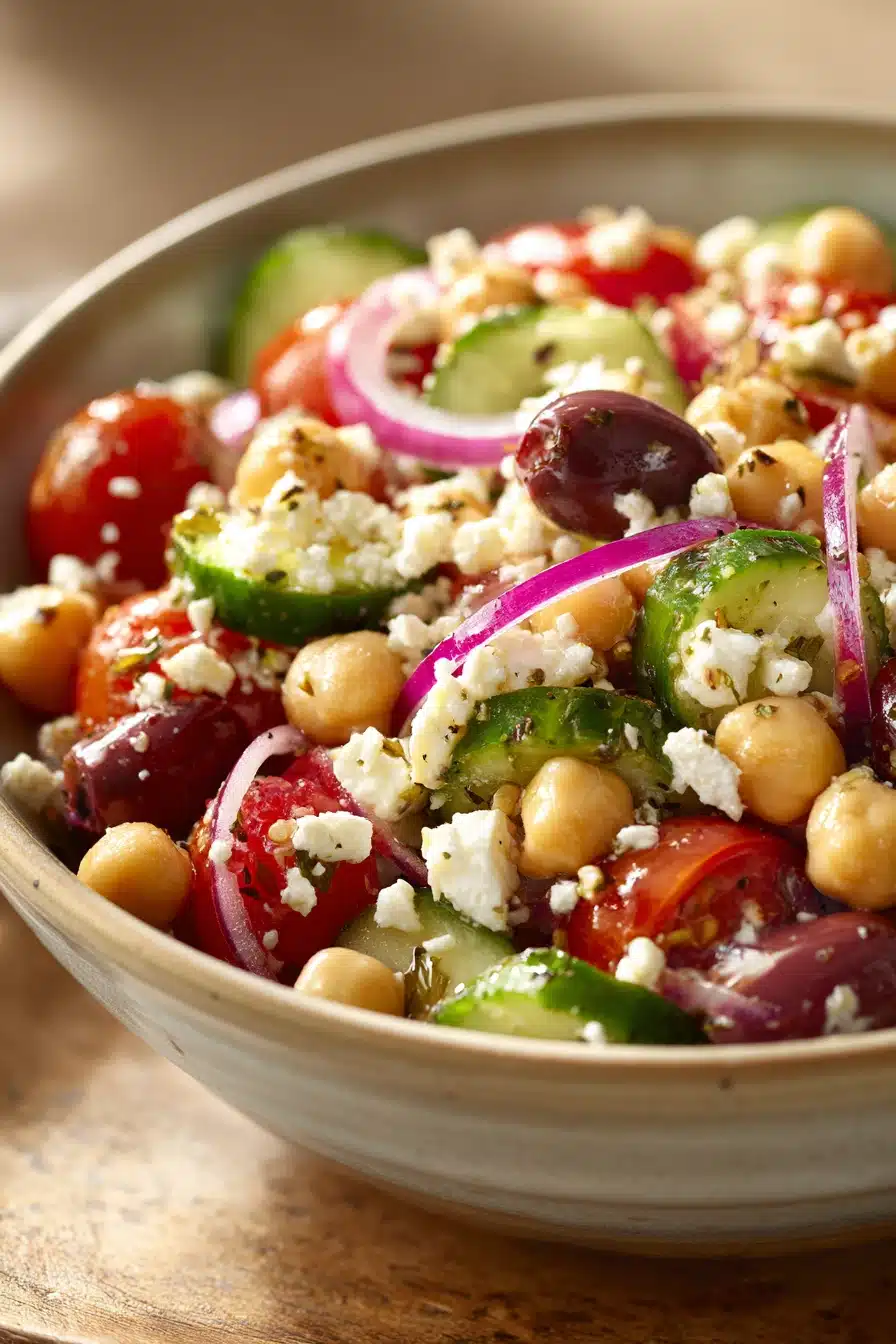 Close-up of a Mediterranean chickpea cucumber salad with fresh vegetables and herbs.