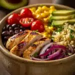 Close-up of a Mexican Chicken Quinoa Bowl with colorful ingredients and fresh herbs