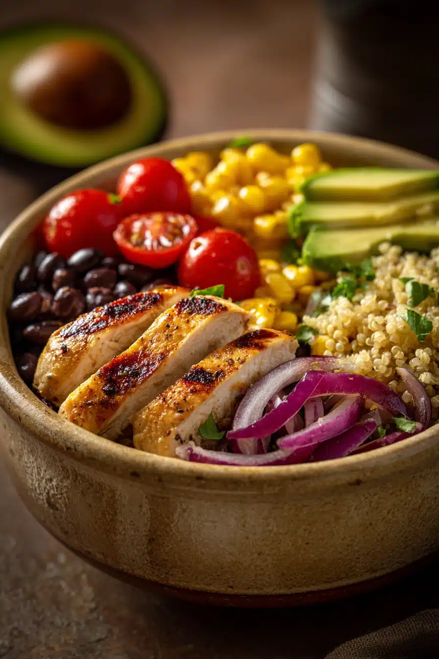 Close-up of a Mexican Chicken Quinoa Bowl with colorful ingredients and fresh herbs