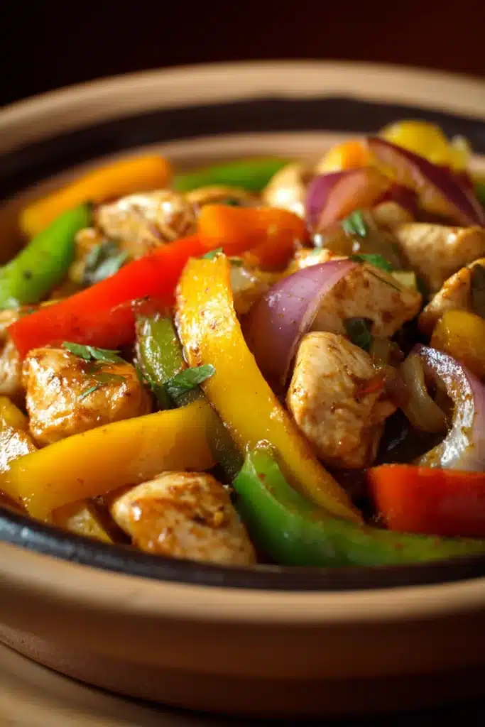 Close-up of a vibrant Mexican chicken stir-fry with colorful vegetables and herbs.