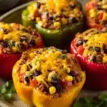 Close-up of vibrant Mexican stuffed peppers with a clean background.