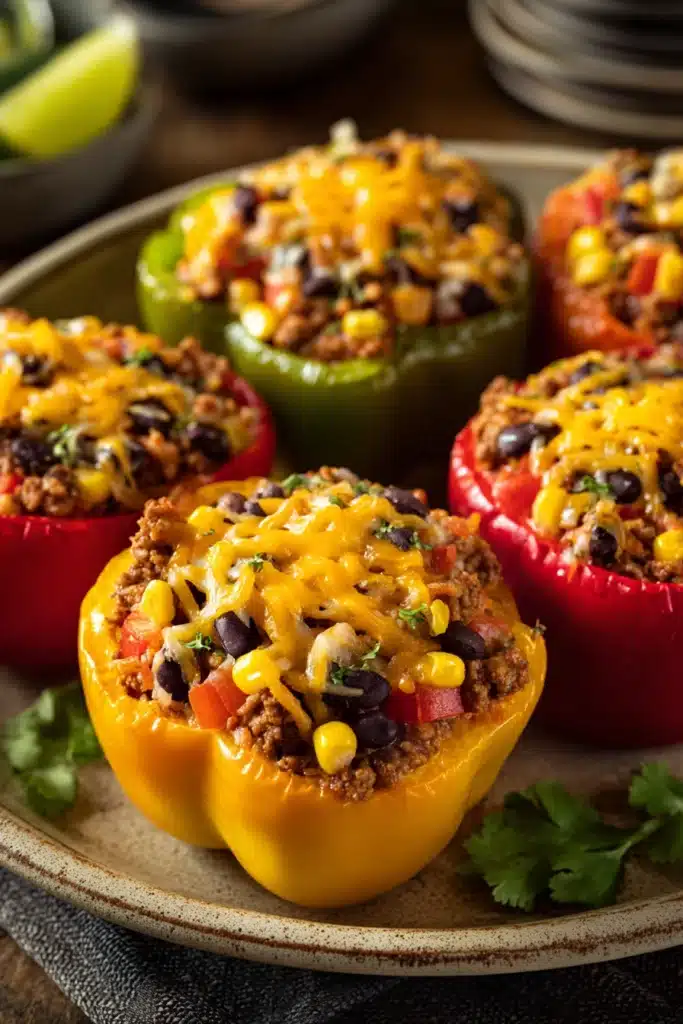 Close-up of vibrant Mexican stuffed peppers with a clean background.