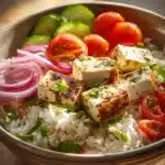Close-up of a Middle Eastern tofu rice bowl with vibrant ingredients and a clean background.