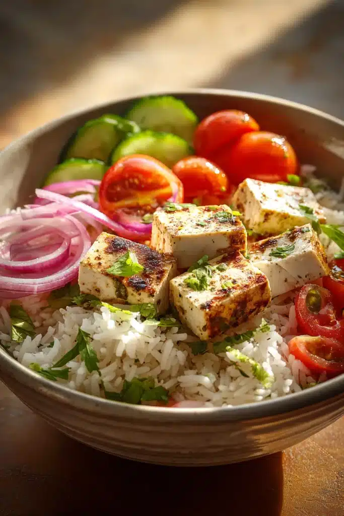 Close-up of a Middle Eastern tofu rice bowl with vibrant ingredients and a clean background.