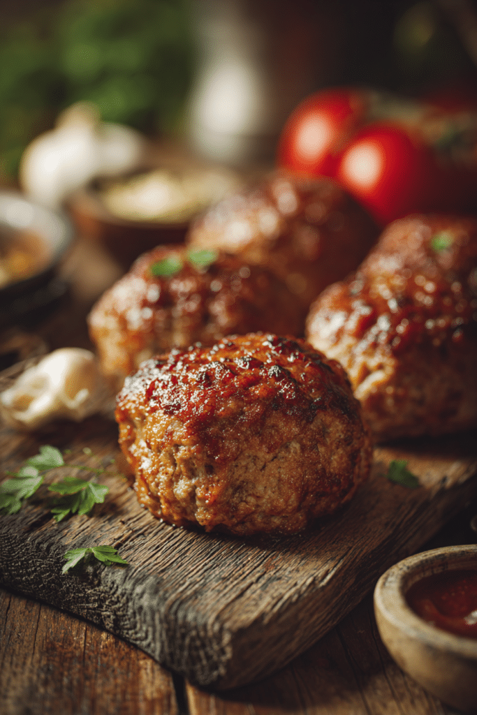 Close-up of golden brown mini turkey meatloaves on a rustic wooden board with warm natural lighting, showcasing moist and tender texture