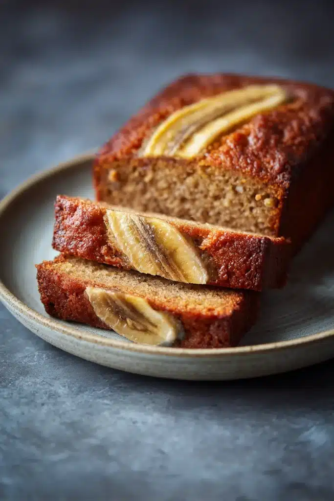 Close-up of a moist banana bread with a golden crust, showcasing its soft texture.
