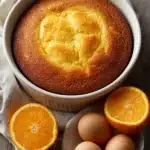 Close-up of a moist orange olive oil cake with a golden crust and fresh orange slices.