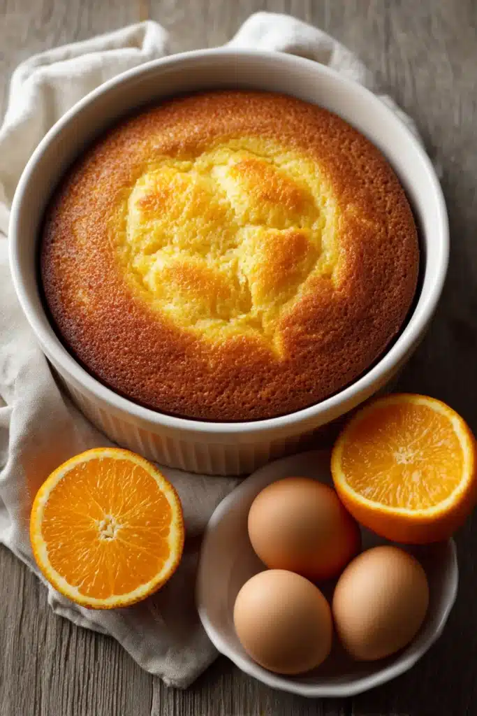 Close-up of a moist orange olive oil cake with a golden crust and fresh orange slices.