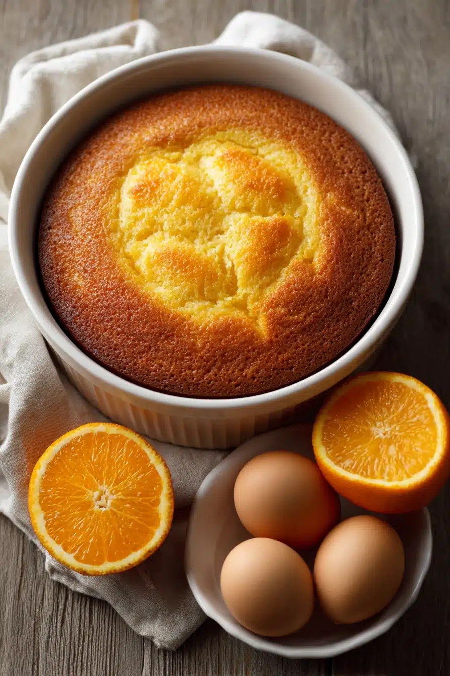 Close-up of a moist orange olive oil cake with a golden crust and fresh orange slices.