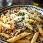 Close-up of creamy one pot beef and butter pasta with cheese and herbs