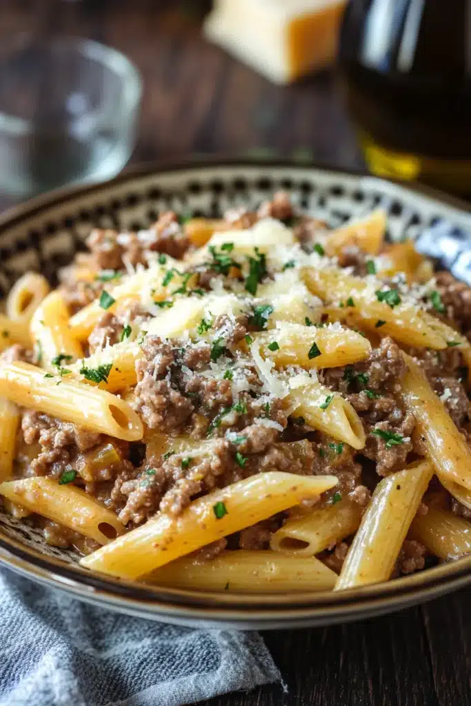Close-up of creamy one pot beef and butter pasta with cheese and herbs