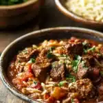 Close-up of one pot beef giouvetsi with tender beef and orzo in a rich tomato sauce.
