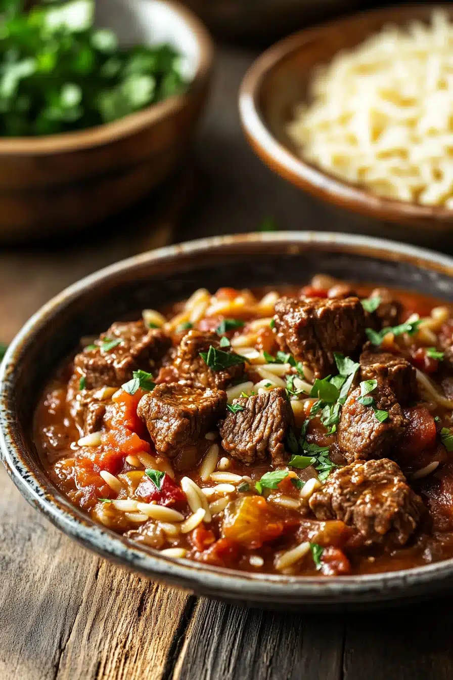 Close-up of one pot beef giouvetsi with tender beef and orzo in a rich tomato sauce.