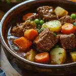 Close-up of a hearty one pot beef stew with vegetables on a stove