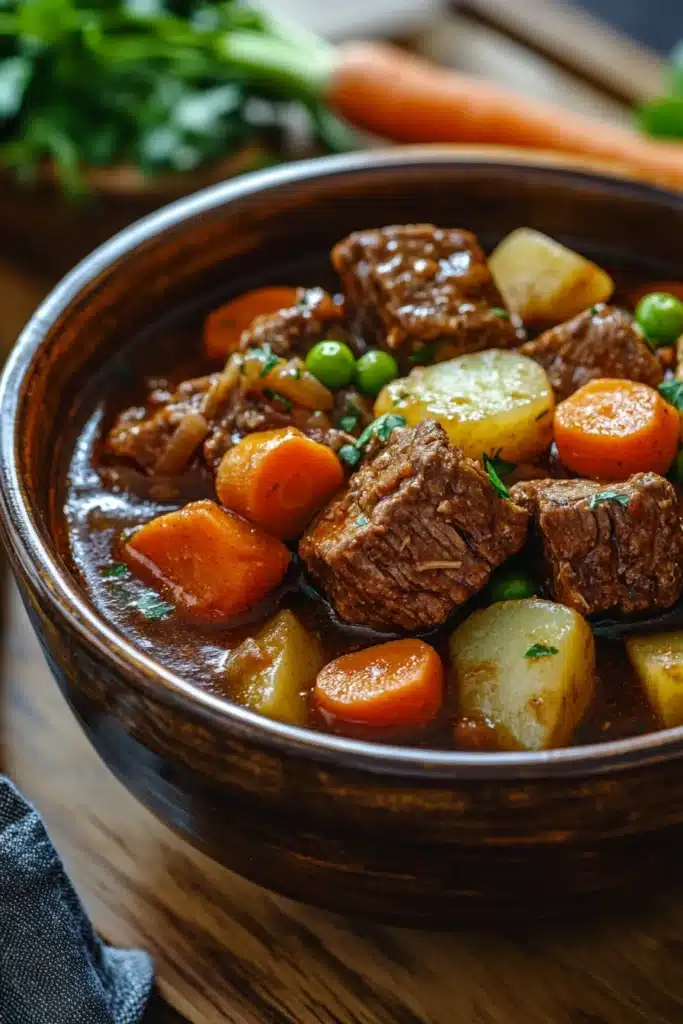 Close-up of a hearty one pot beef stew with vegetables on a stove
