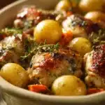 Close-up of a creamy one-pot buttermilk chicken and potatoes casserole with golden crust.