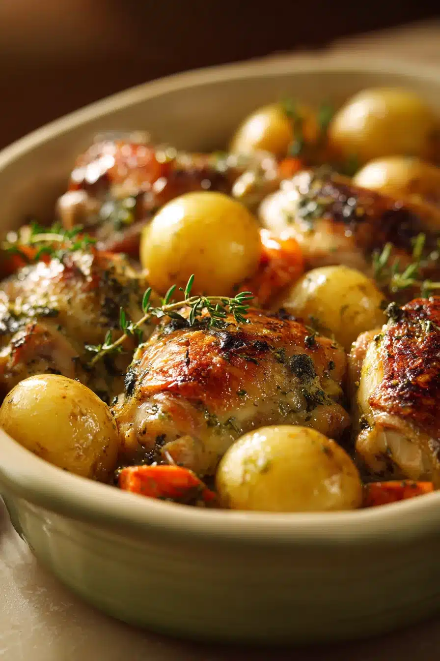 Close-up of a creamy one-pot buttermilk chicken and potatoes casserole with golden crust.
