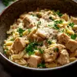 Close-up of one pot chicken orzo with creamy sauce and herbs