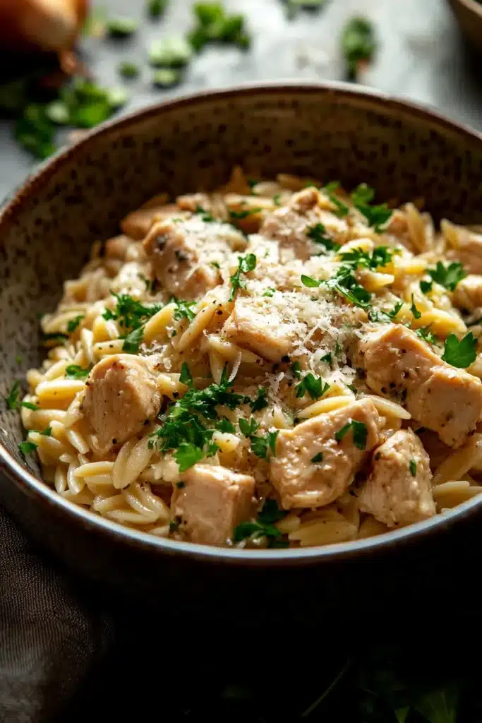 Close-up of one pot chicken orzo with creamy sauce and herbs
