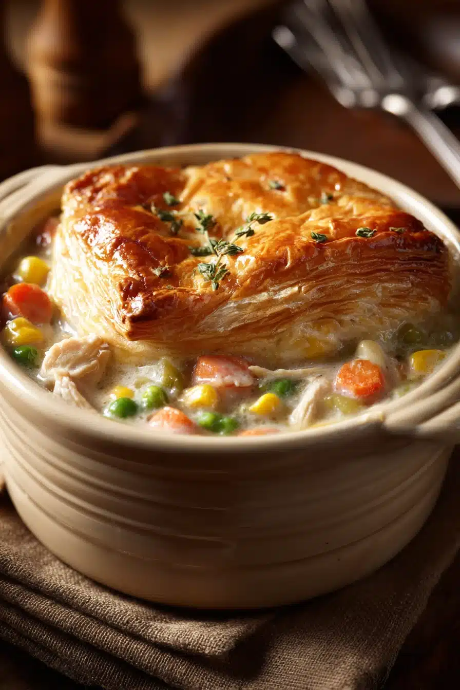 Close-up of a golden-brown chicken pot pie with flaky crust and visible filling.
