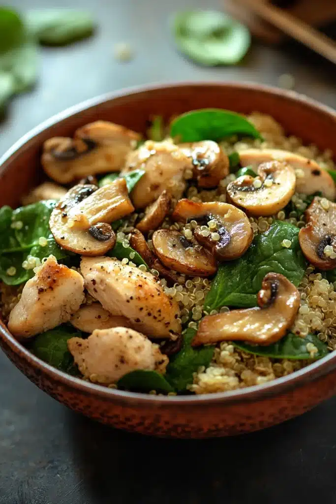 Close-up of a one pot chicken quinoa dish with mushrooms and spinach in a bright setting.