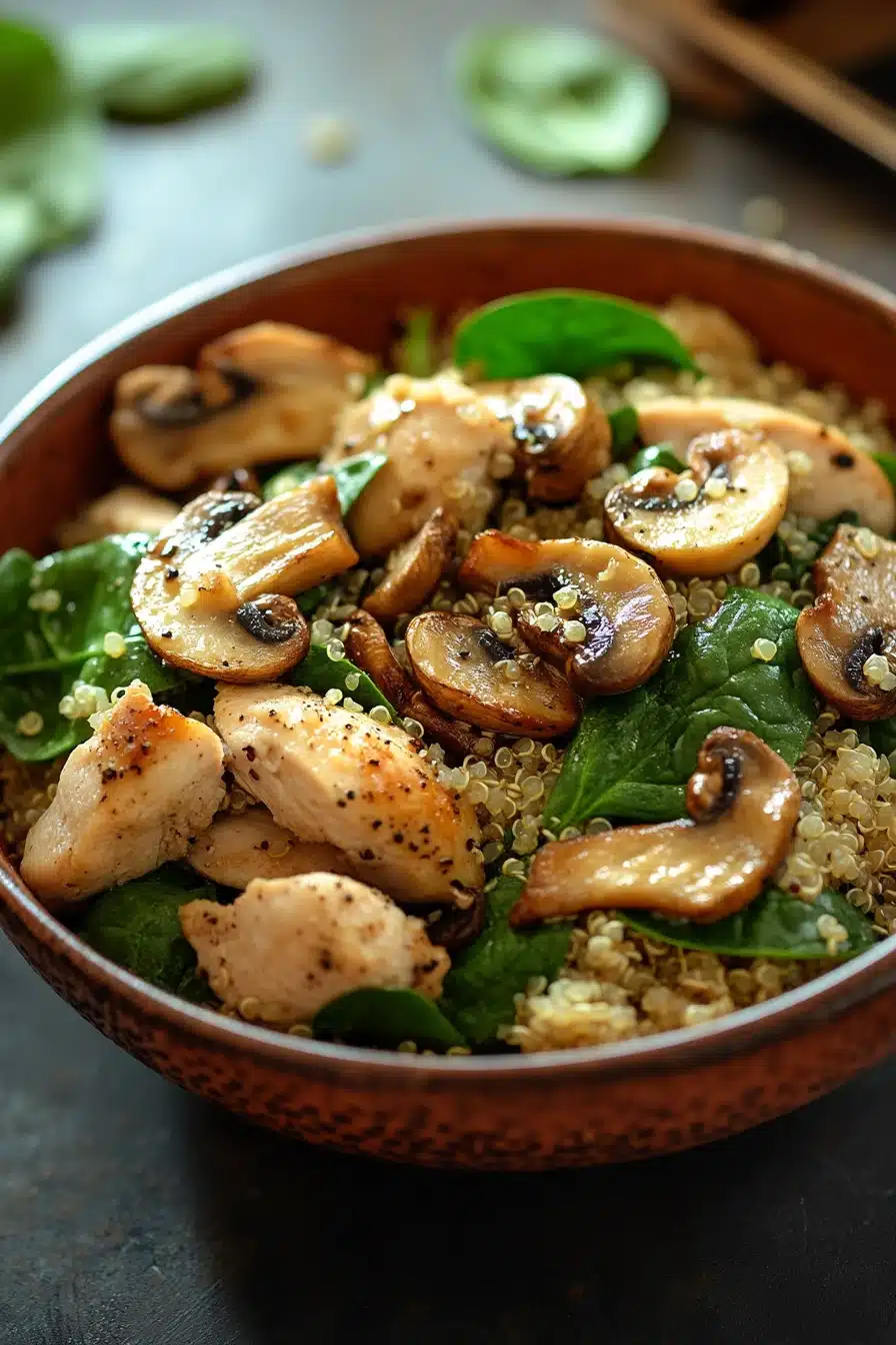 Close-up of a one pot chicken quinoa dish with mushrooms and spinach in a bright setting.