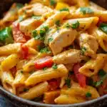 Close-up of one pot creamy fajita pasta with visible textures and warm lighting