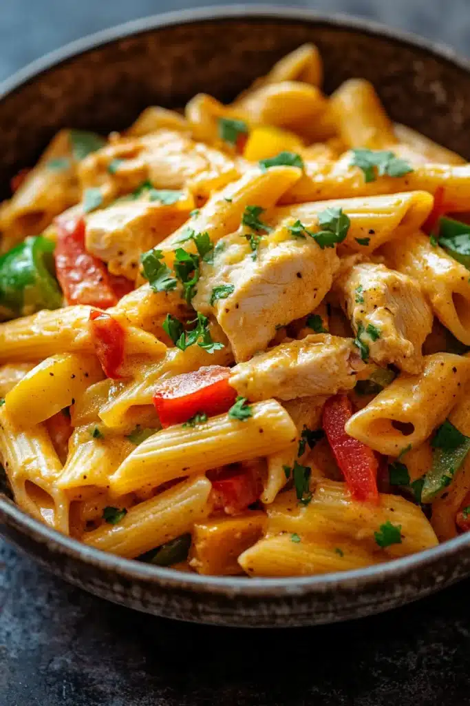 Close-up of one pot creamy fajita pasta with visible textures and warm lighting