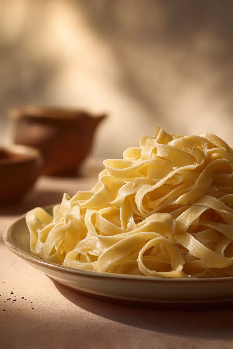 Close-up of one pot creamy fettuccine with a rich sauce and garnished with herbs.