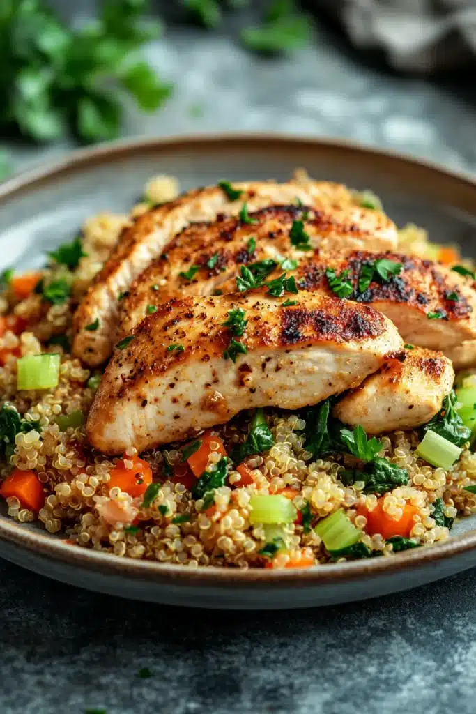 Close-up of one pot garlic butter chicken and quinoa with a clean background