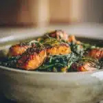 Close-up of a creamy pasta dish with spinach, perfect for one pot lachs spinat recipe.