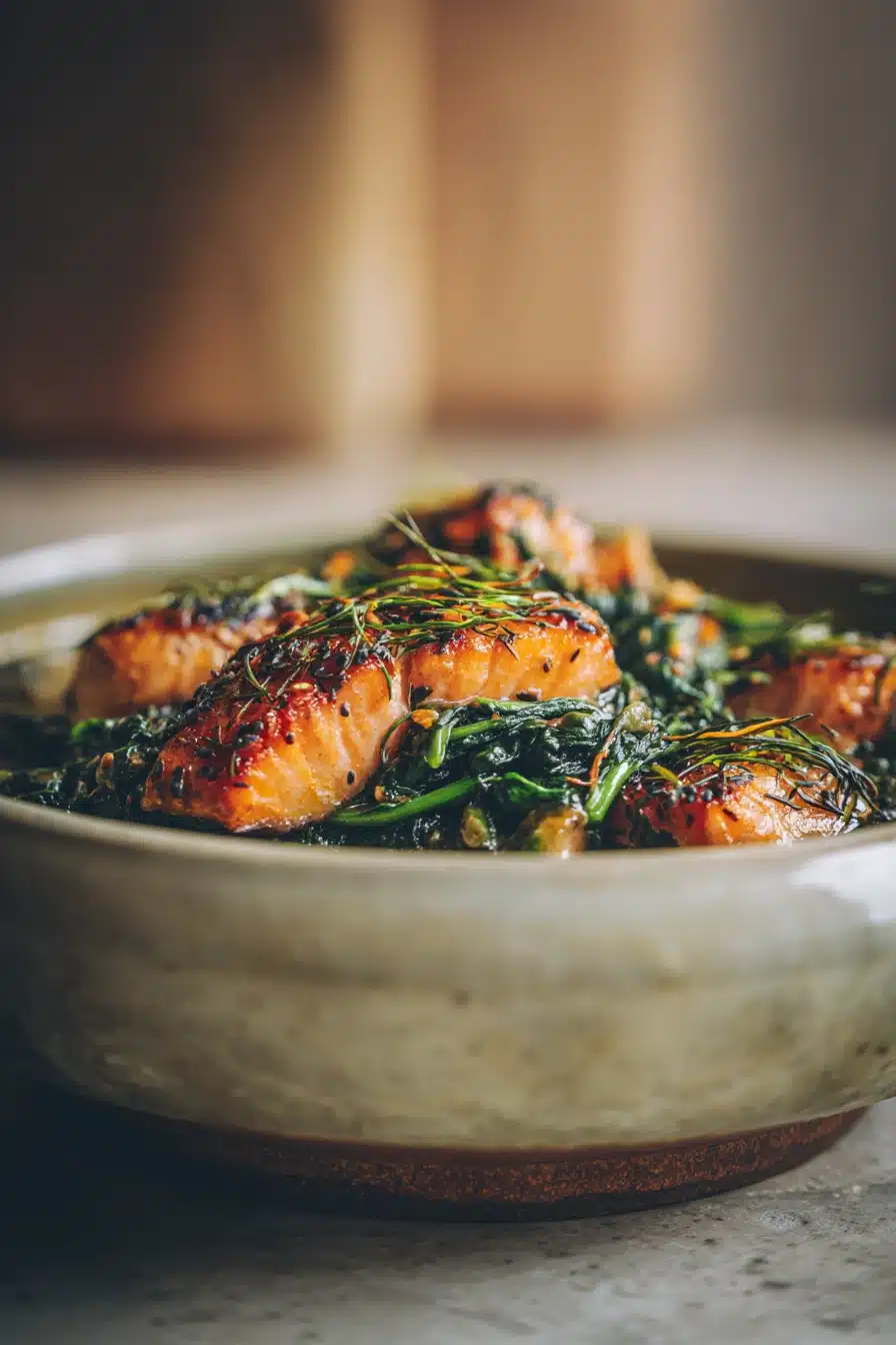 Close-up of a creamy pasta dish with spinach, perfect for one pot lachs spinat recipe.