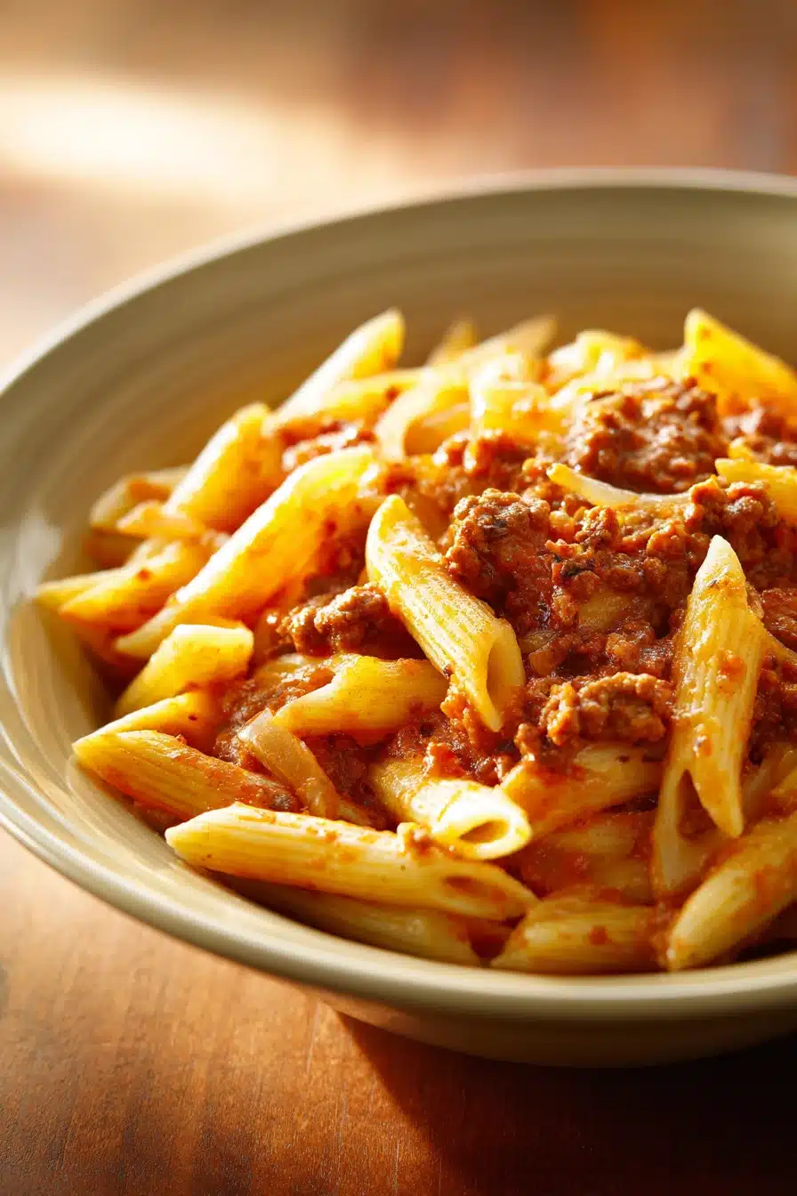 Close-up of one pot pasta with ground beef in a creamy sauce, garnished with herbs.