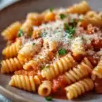 Close-up of creamy pasta with sauce in a white bowl, garnished with herbs.